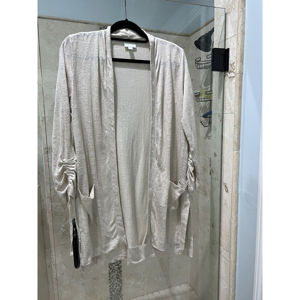 J Jill Love Linen Cardigan Sweater S Long Open Front Duster Womens Nude Tan